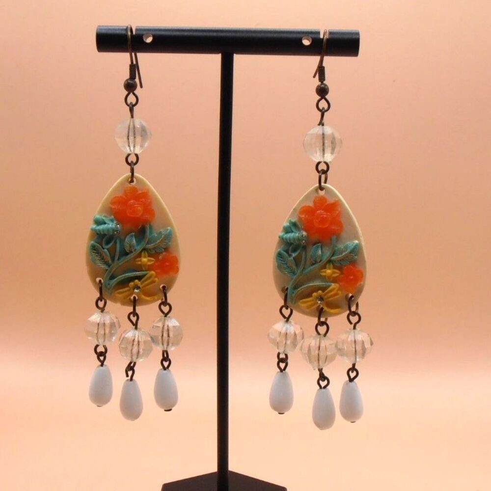 VTG 3D Resin Drop Earrings w/ Rhinestone Accents - Flowers Dragonfly Cicada